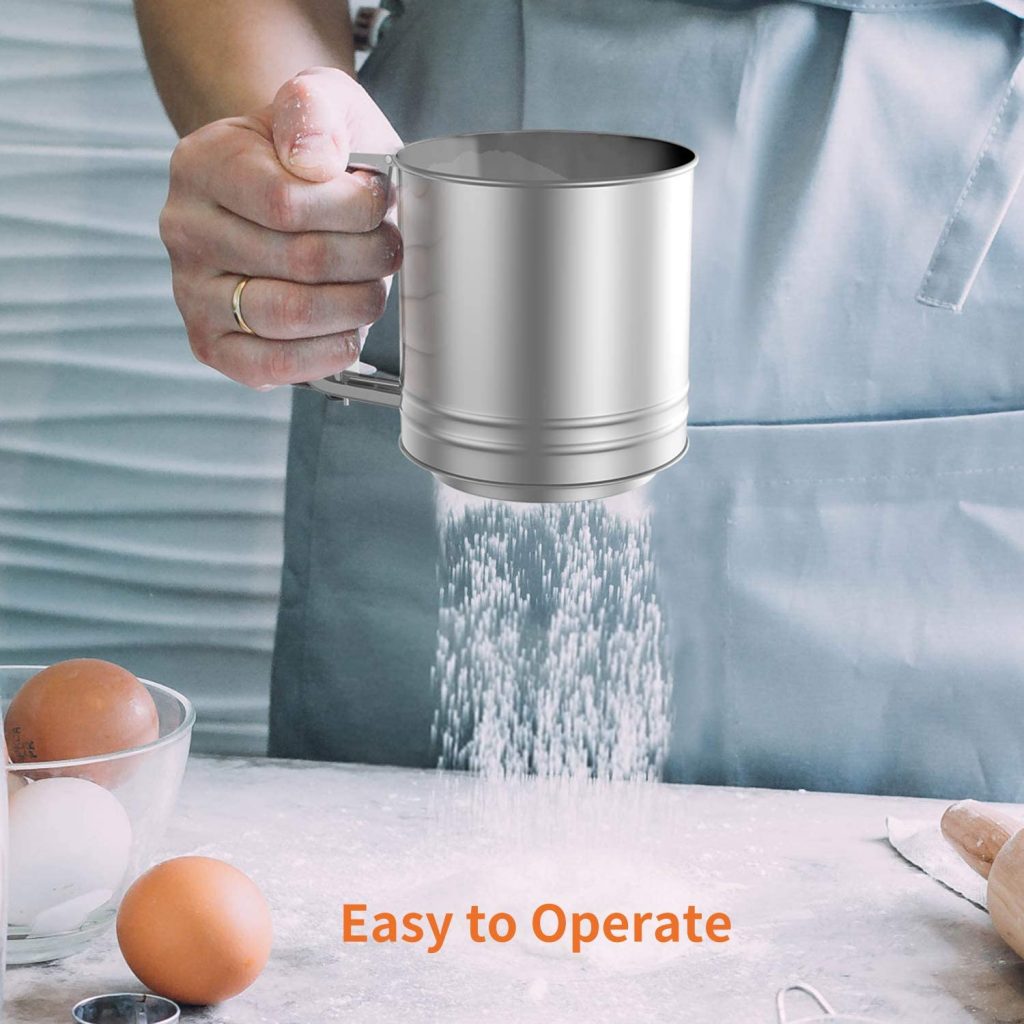 HOOMIL Flour Sifter, Baking Stainless Steel Flour Sieve Cup, Mesh Crank Baking Sifter with 3 Layers Mesh Sieve for Sugar, Flour and Coffee Powder.