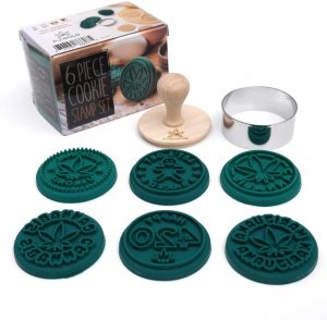Marijuana Silicone Cookie Stamps, Stainless Steel Cookie Cutter, Wood Handle, Party Novelty Gift, 6 Stamp Set.