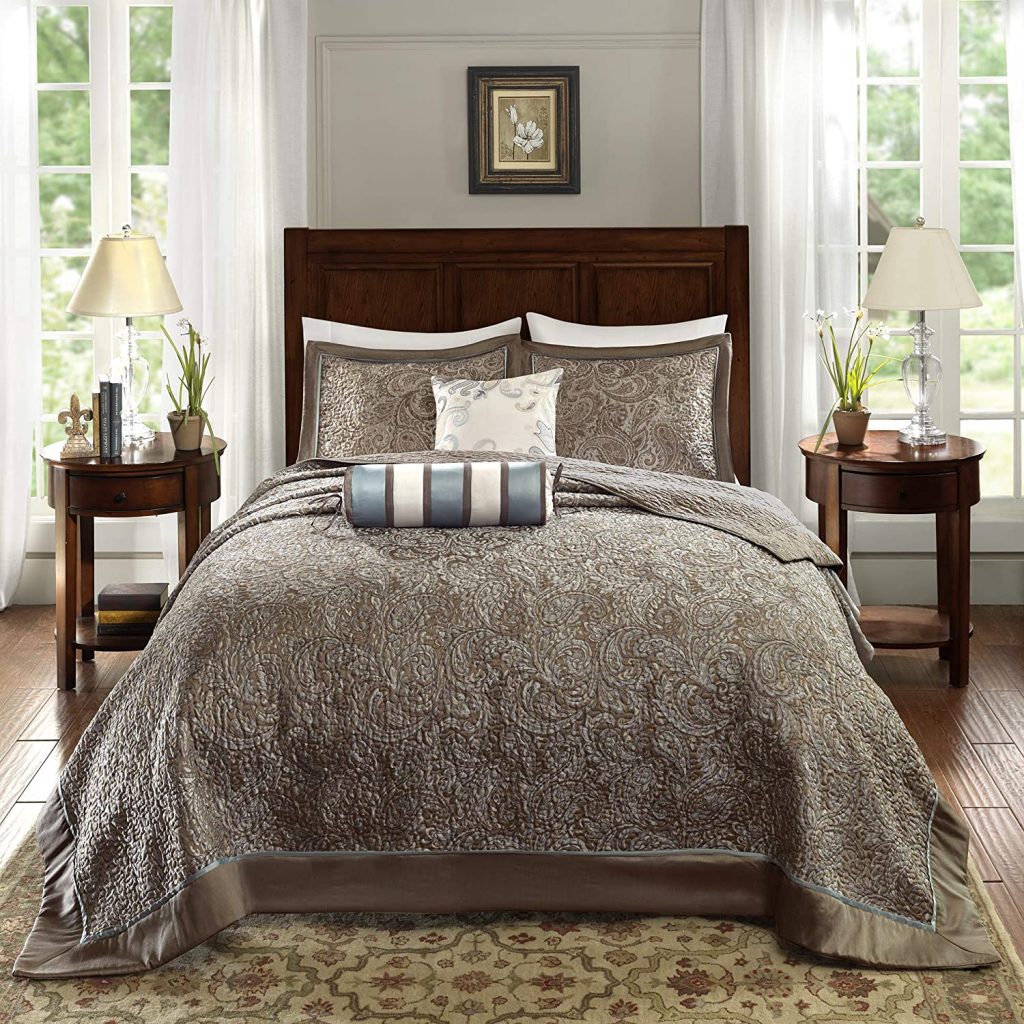 Madison Park Quilt Traditional Jacquard Luxe Design All Season, Coverlet Bedspread Lightweight Bedding Set, Shams, Decorative Pillow, Oversized King(120"x118"), Aubrey, Paisley Blue, 5 Piece.