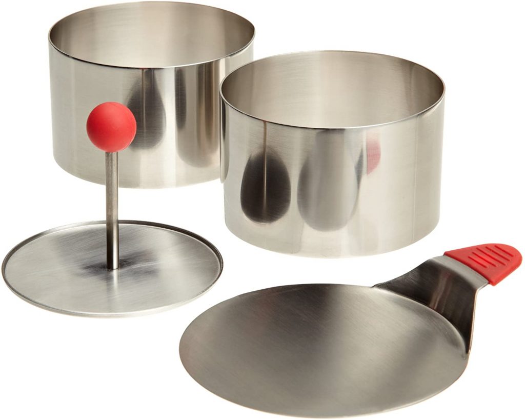 Ateco Round Food Molding Set, 3.5 by 2.1-Inches High, 4-Piece Set Includes 2 Rings, Fitted Press & Transfer Plate.
