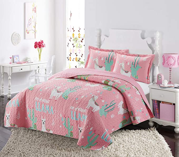 Golden Quality Bedding Twin Size Kids Bedspread Quilts Throw Blanket for Teens Boys Bed Printed Bedding Coverlet Multi Color Pink, White Llama # Twin 19-06 -Best Bedspread & Coverlet Sets.