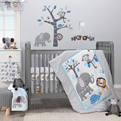 6. Bedtime Originals Jungle Fun 3-Piece Crib Bedding Set, Blue/Gray - Best Bedding Sets.