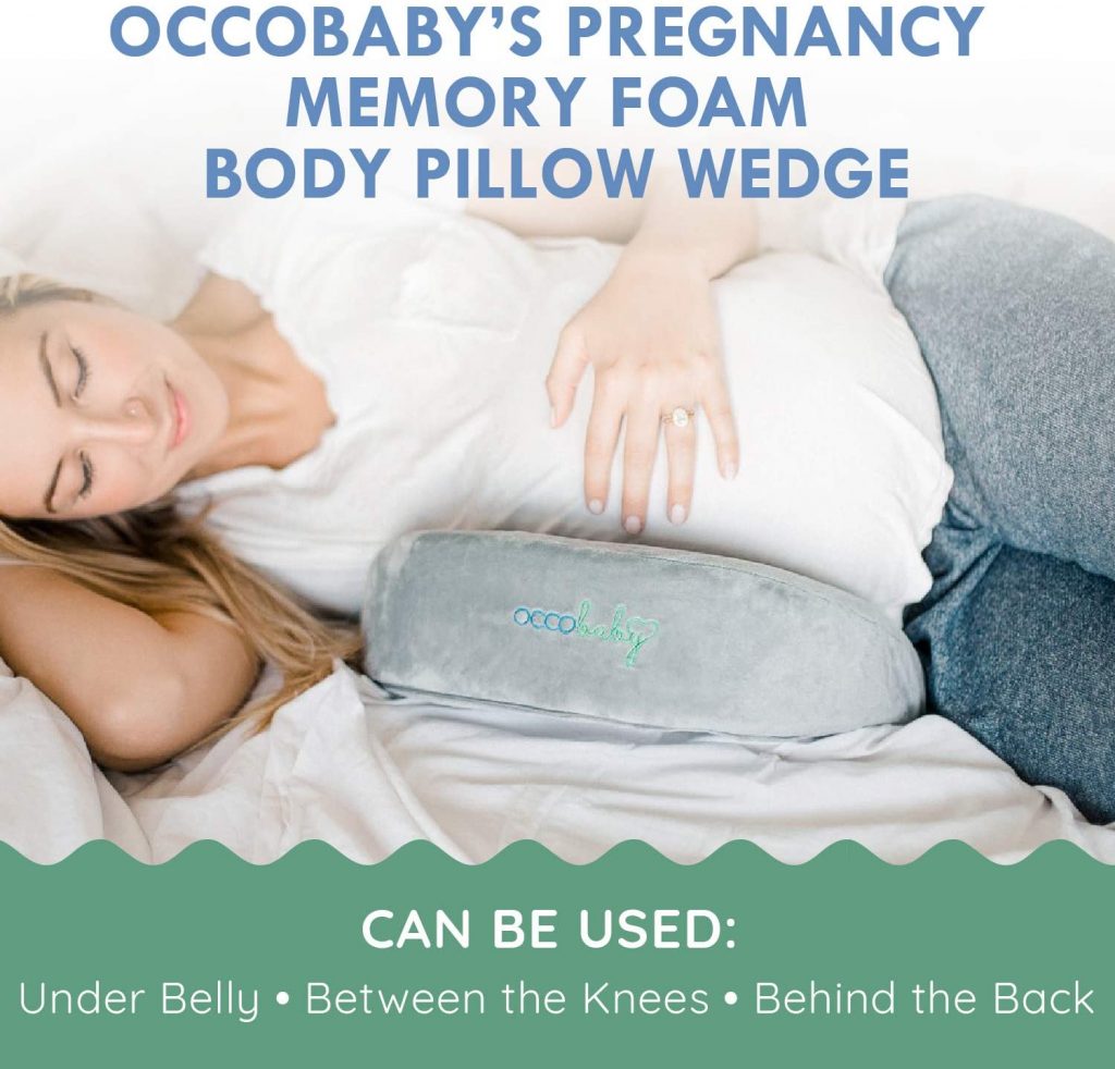 3. OCCObaby Pregnancy Pillow, Memory Foam Body Wedge for Belly, Knees and Back Support, Reversible Maternity Pillow with Removable Cover and Travel Bag -Best Maternity Pillows.