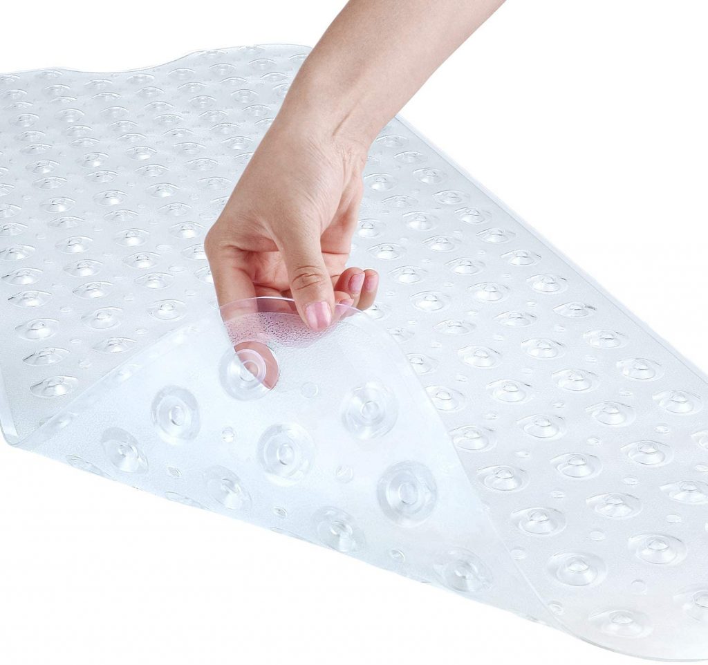 7. YINENN Bath Tub Shower Mat 40 x 16 Inch Non-Slip and Extra Large, Bathtub Mat with Suction Cups, Machine Washable Bathroom Mats with Drain Holes, Clear -Best Bathtub Mats.