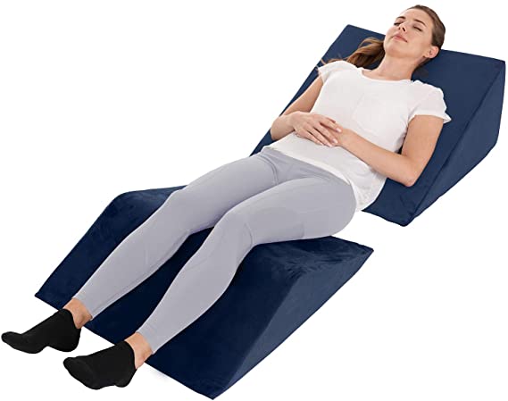 3. Bed Wedge Pillow – 2 Separate Memory Foam Incline Cushions, System for Legs, Knees and Back Support Pillow | Acid Reflux, Anti Snoring, Heartburn, Reading – Machine Washable, Navy -Best Wedges & Body Positioners.