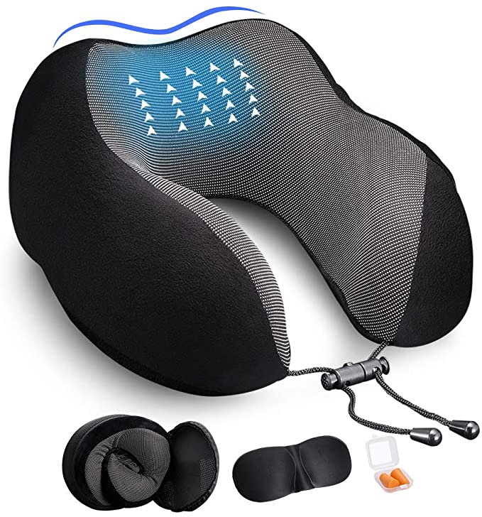 2. DYD Travel Pillow Memory Foam Neck Pillow for Airplane Breathable & Washable Velour Cover Ergonomic Neck Support Pillow with Sleep Mask & Earplugs -Best Travel Pillows.