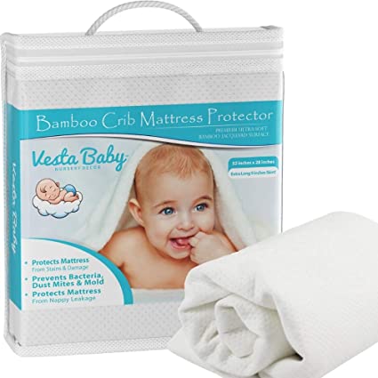 1. Vesta Baby Crib Mattress Pad Cover Protector Noiseless Waterproof Natural Bamboo Jacquard Fitted Sheet Hypoallergenic Soft for Infant and Toddler Standard Size Cribs -Best Mattress Pads.